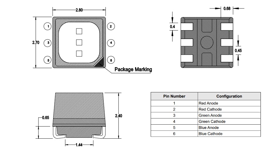 Plan mécanique - Broadcom DEL PLCC-6 tricolores ASCB-UTC2 2828